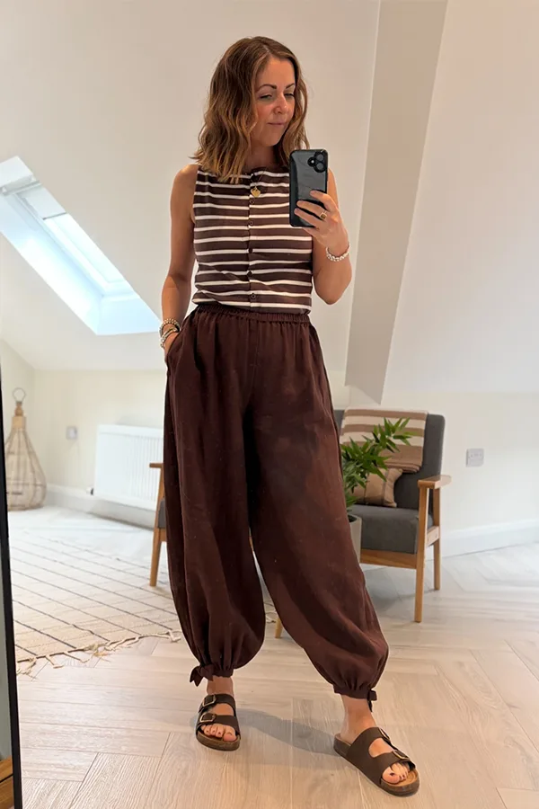 Striped Top With Relaxed Brown Pants