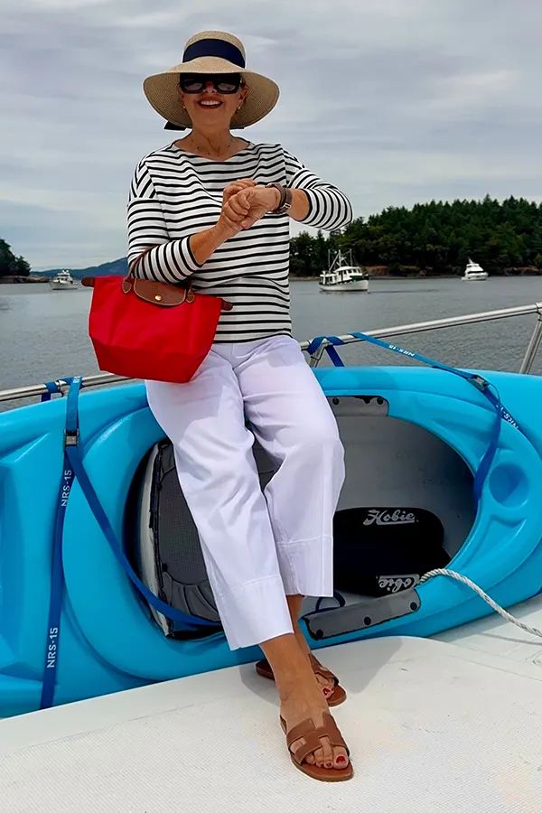Striped Top And White Pants For A Casual Port Day