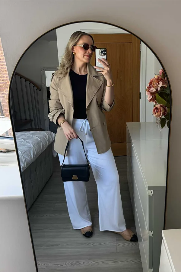 Tan Blazer With Black Top And White Wide Leg Pants