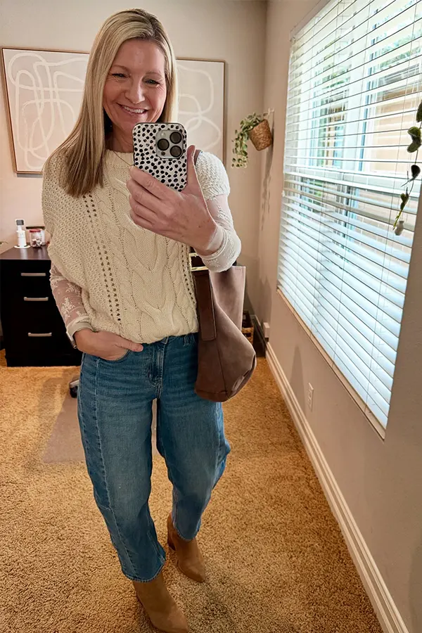 Textured Beige Sweater With Jeans And Brown Boots