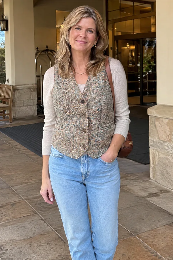 Textured Gray Vest With Light Blue Jeans