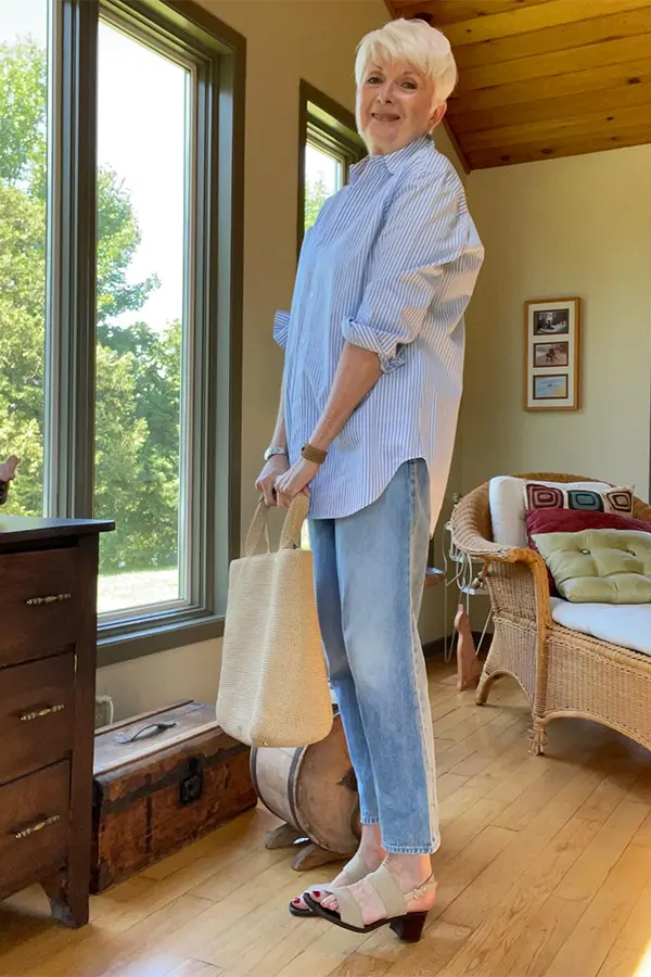 Try A Tonal Light Blue Outfit With A Roomy Tote