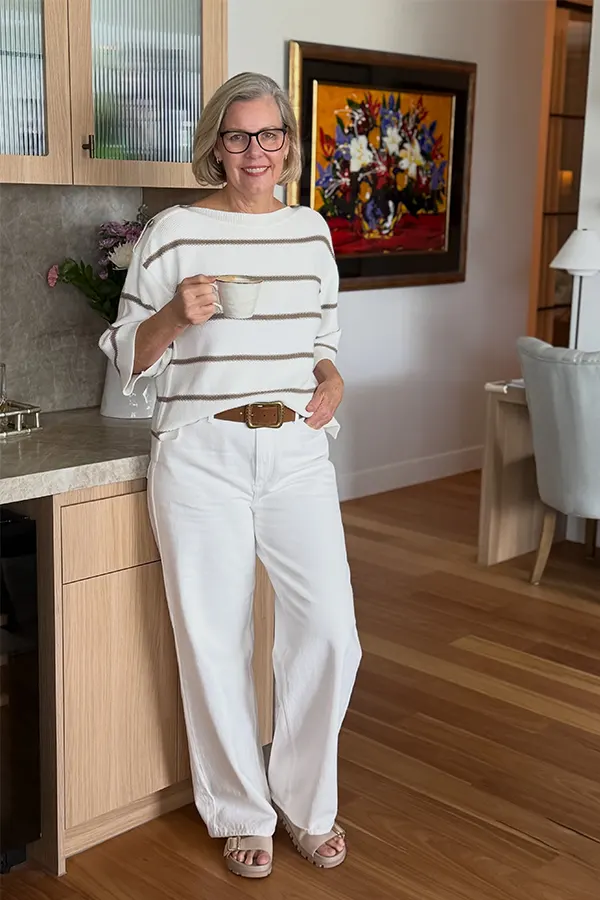 Try An Easy All White Outfit With A Striped Sweater