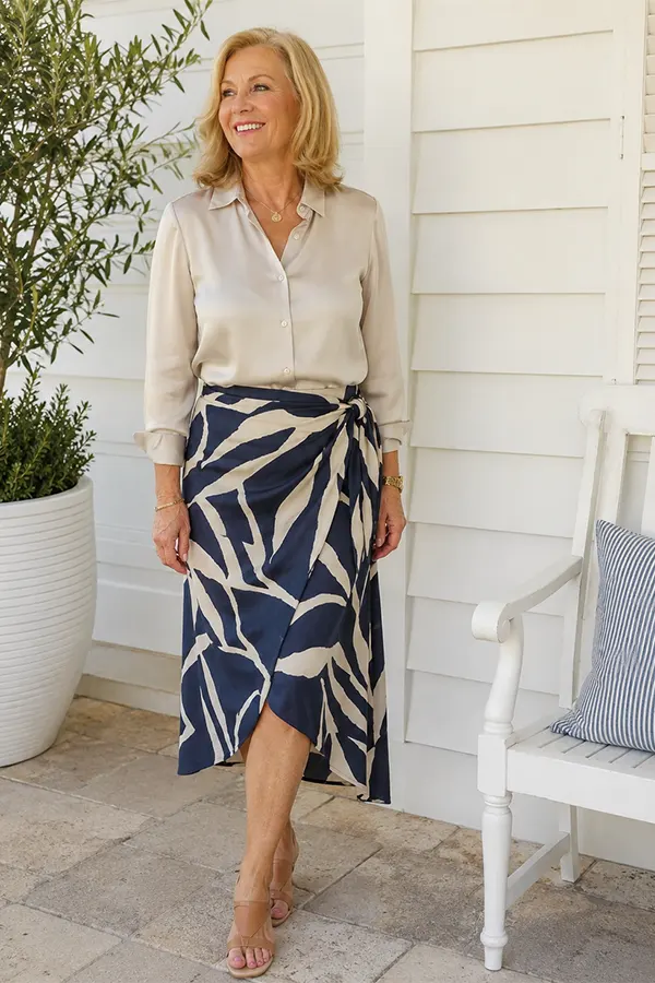 Tuck A Soft Blouse Into A Printed Midi Skirt