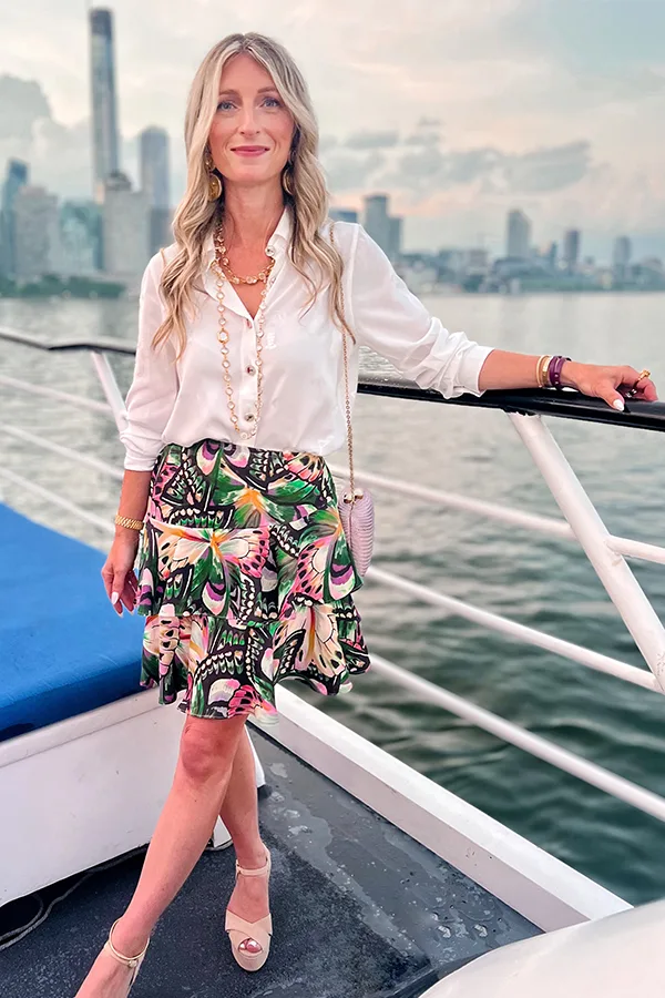 White Blouse With Colorful Floral Short Skirt