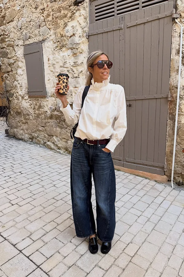 White Blouse With Dark Wide Leg Jeans