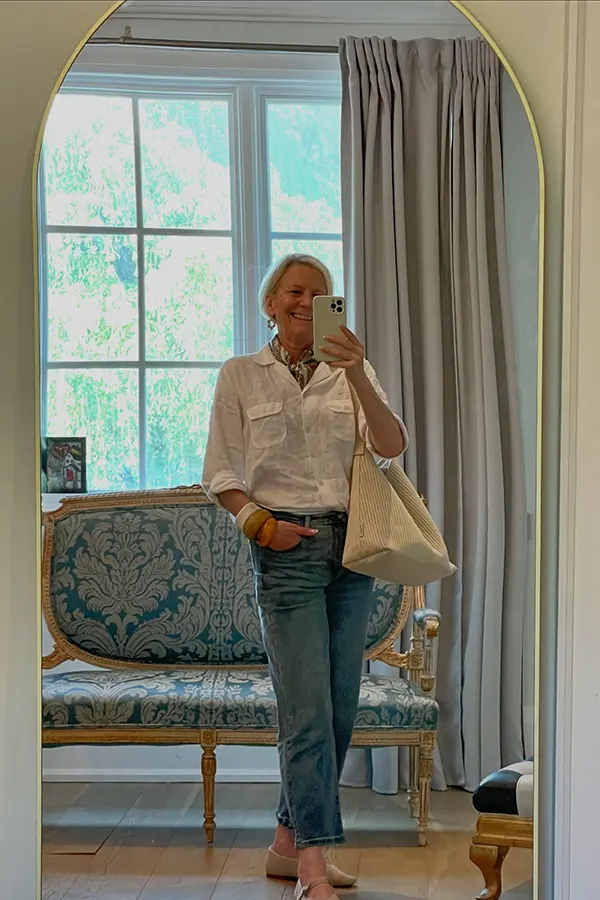 White Blouse And Jeans Easy With A Roomy Tote
