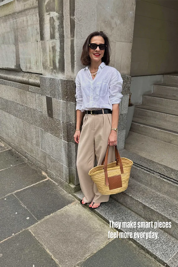 White Button Down With Beige Pants And A Woven Tote