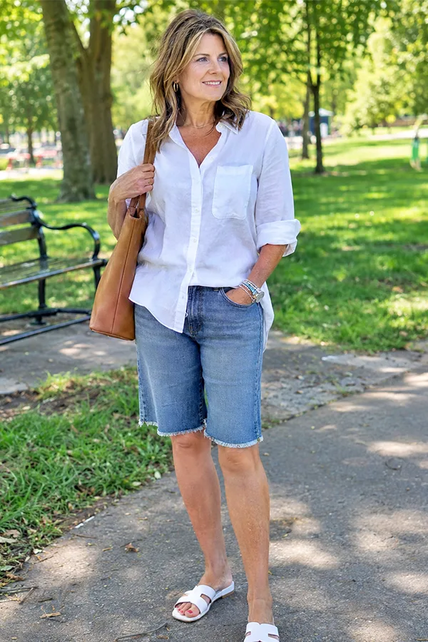 White Button Up Shirt And Denim Jorts For A Classic Casual Look