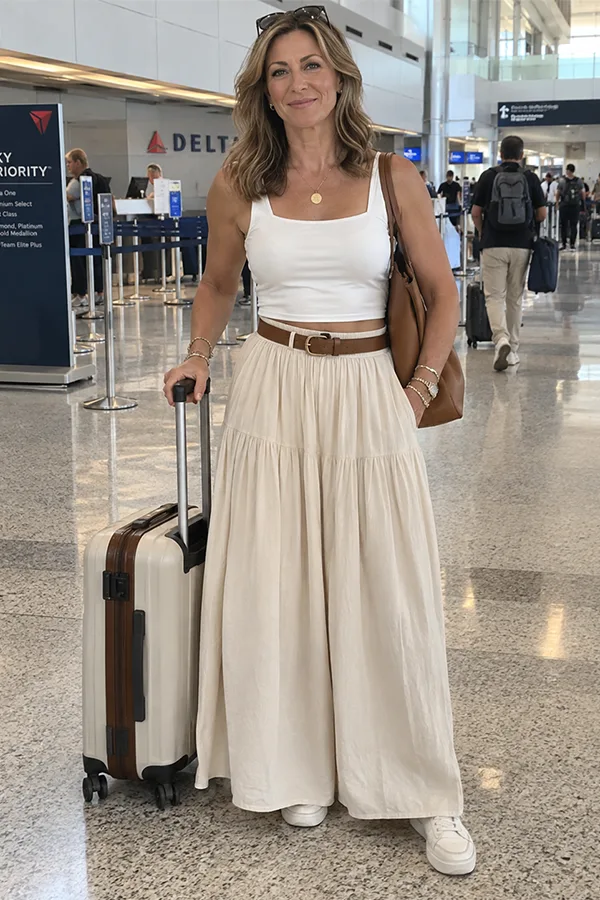 White Crop Top With A Long Neutral Skirt For Travel Days