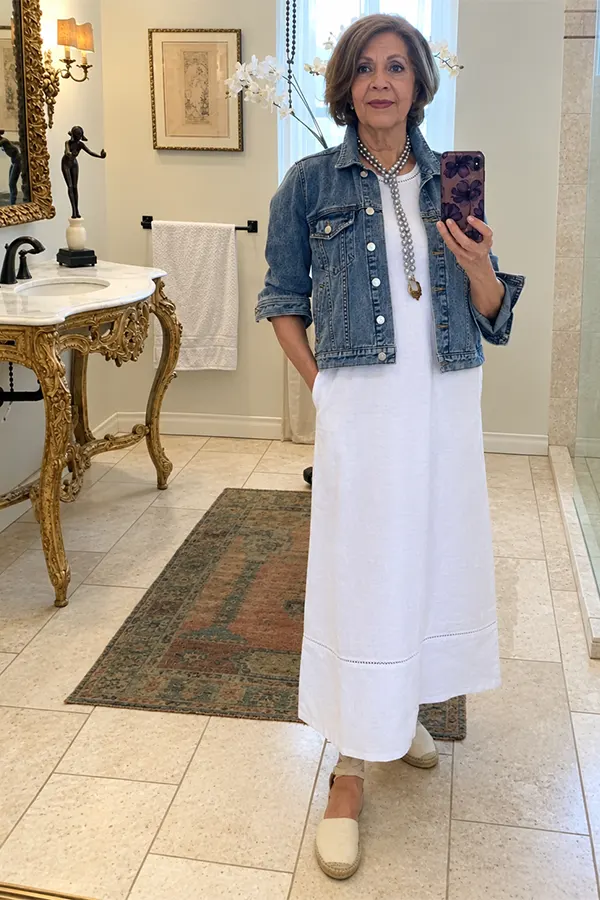 White Maxi Dress Feel Casual With A Denim Jacket For 50 Plus Women