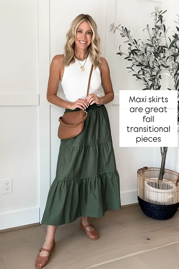 White Sleeveless Top With A Flowing Green Maxi Skirt