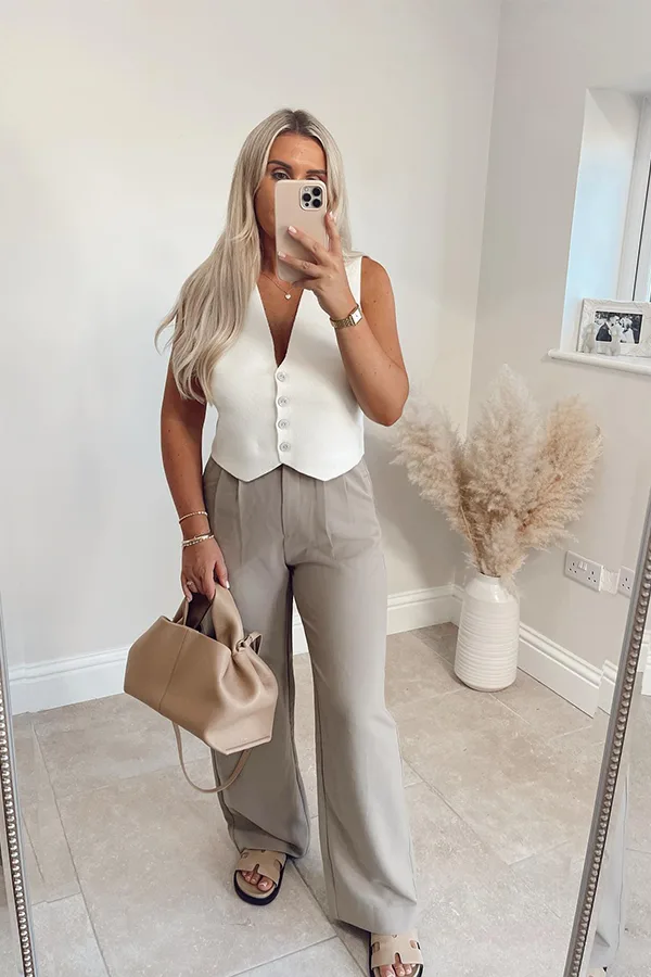 White Waistcoat With Taupe Wide Leg Trousers