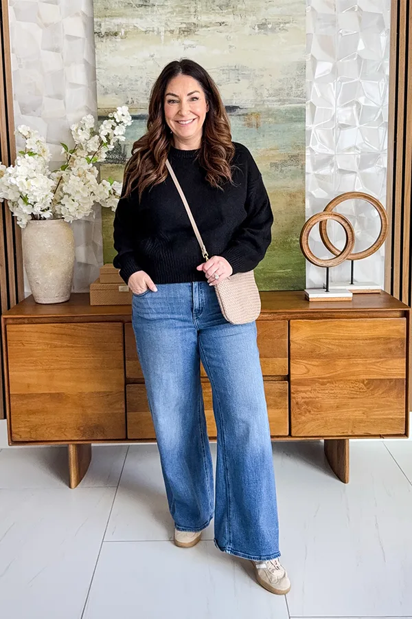 Wide Leg Jeans With A Simple Black Top