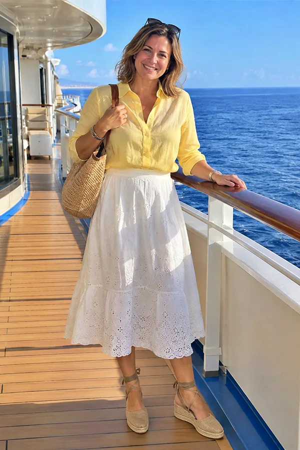 Yellow Blouse With White Skirt For A Sunny Cruise Day