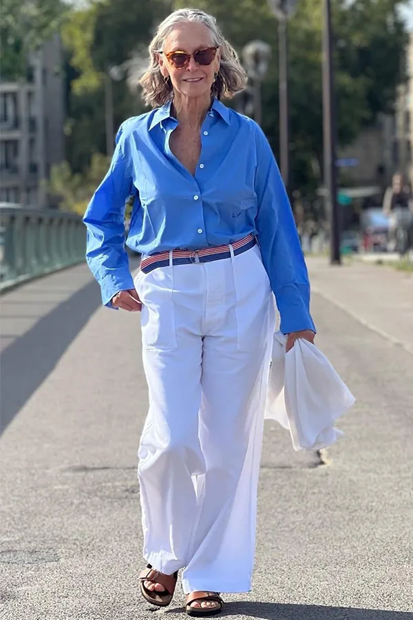 Bright Blue Shirt With White Wide Leg Trousers