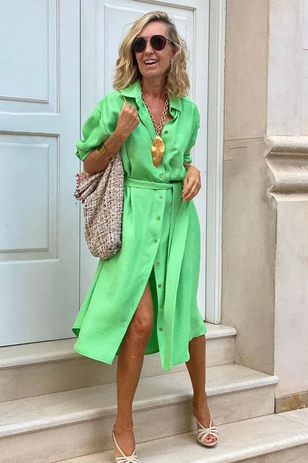 Bright Green Shirt Dress With Neutral Accessories