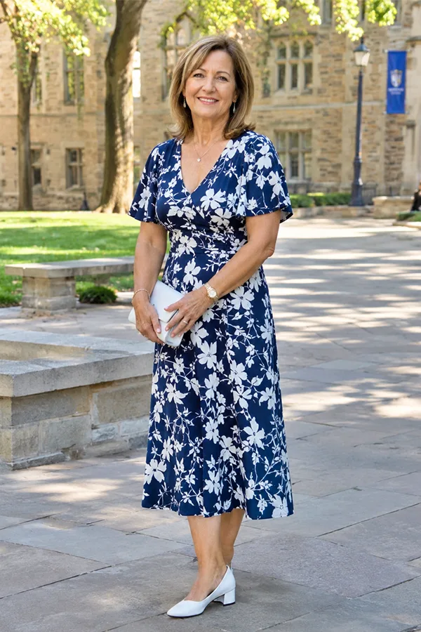 Choose A Navy Floral Midi Dress With White Shoes