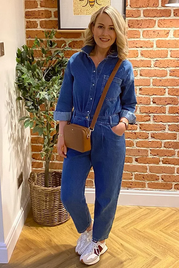 Dark Blue Denim Jumpsuit With Crossbody Bag