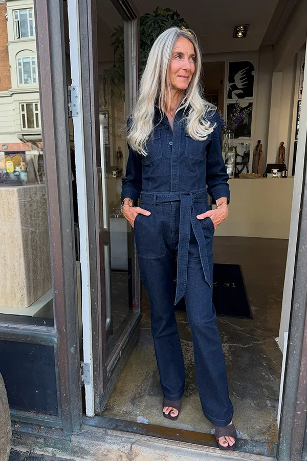 Dark Denim Jumpsuit With A Defined Waist