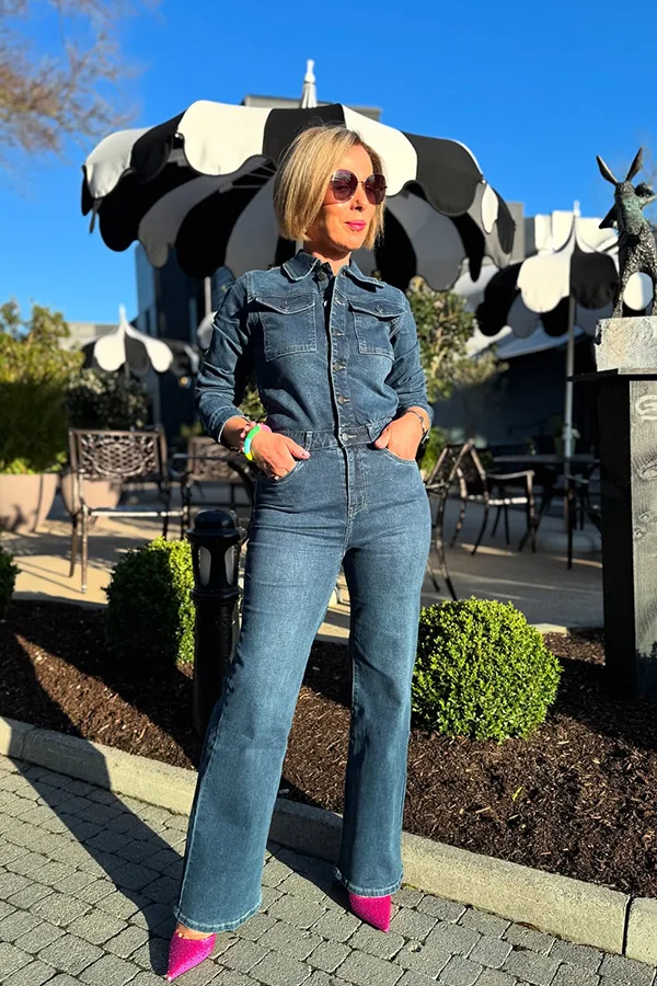 Dark Denim Jumpsuit With Bright Pink Heels