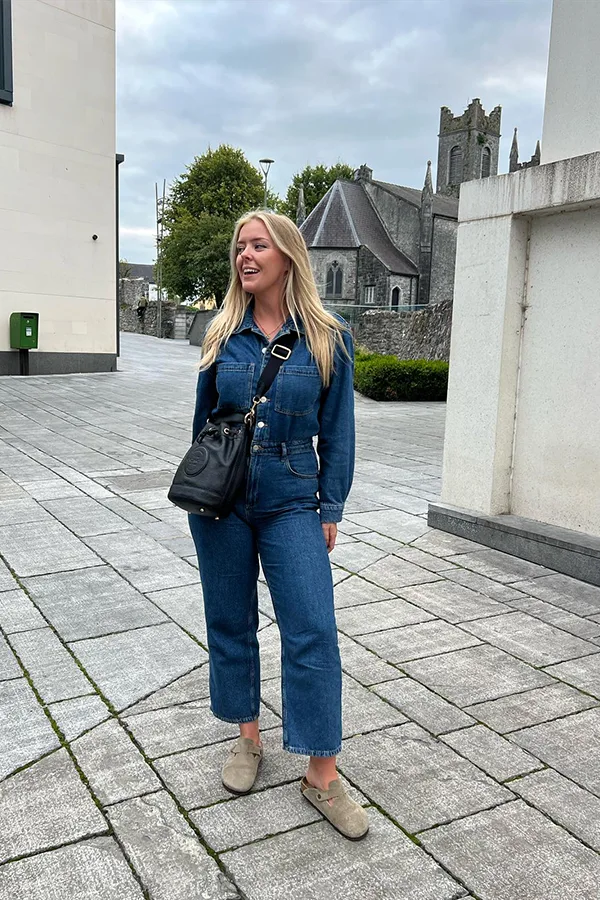Dark Denim Jumpsuit With Neutral Flats