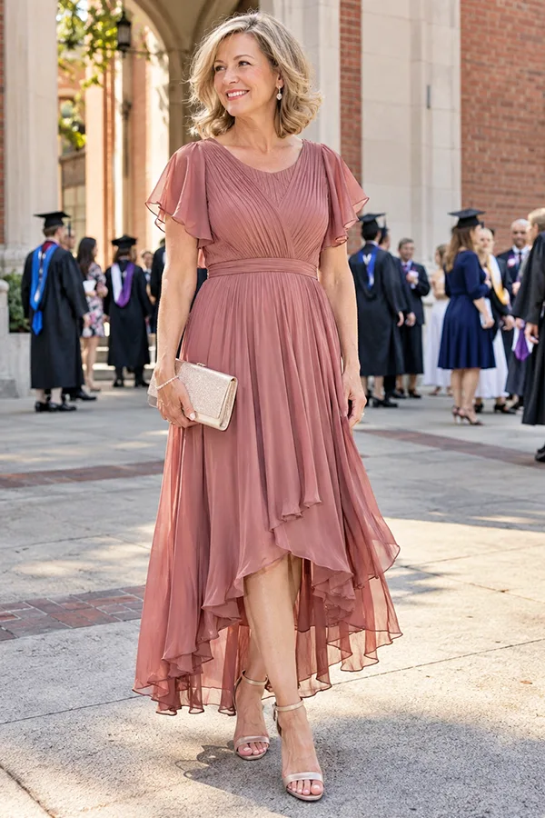 Dusty Rose Dress With A Flowing Asymmetrical Hem