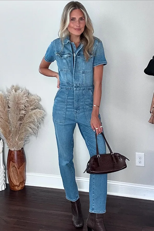 Fitted Denim Jumpsuit With Ankle Boots