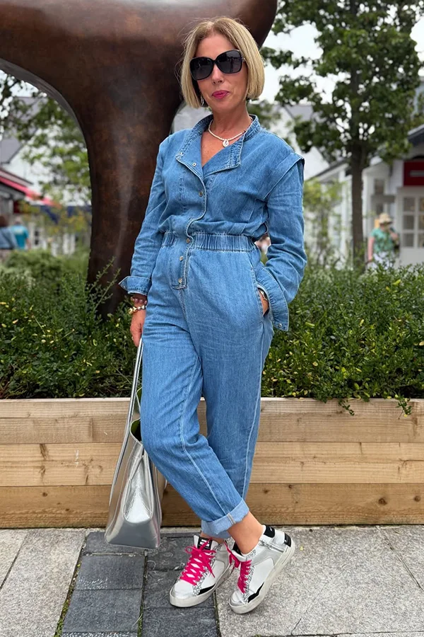 Light Blue Jumpsuit With Colorful Sneakers