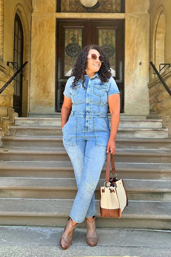 Light Denim Jumpsuit With Classic Accessories