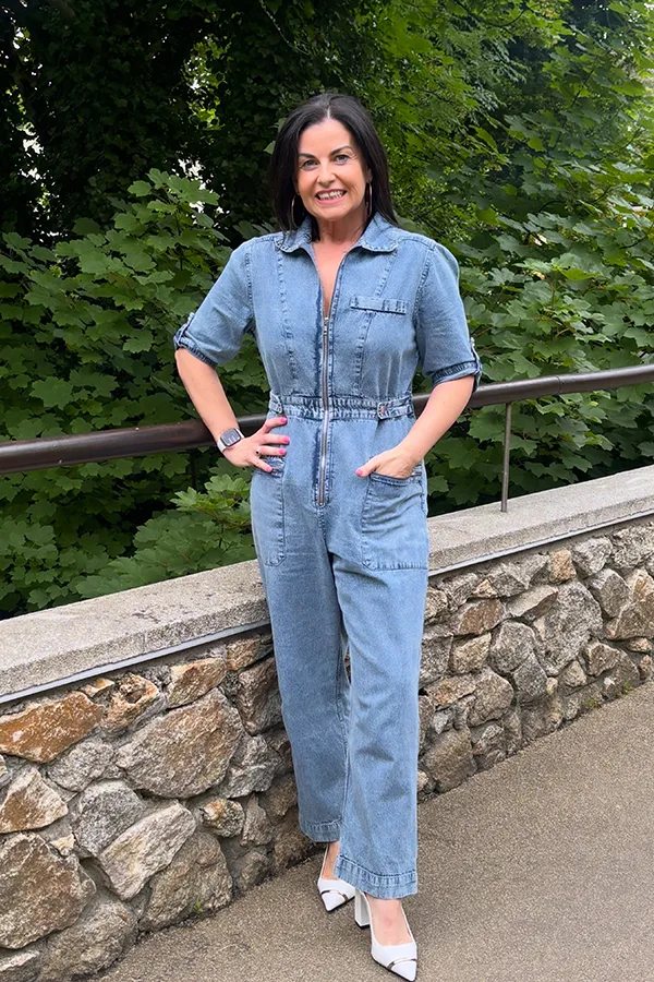 Light Denim Jumpsuit With Pointed White Flats