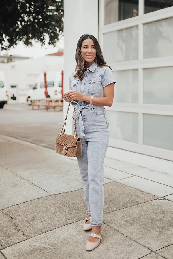Light Gray Denim Jumpsuit With Casual Layers