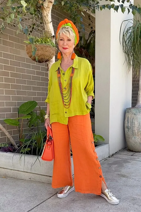 Lime Green Blouse With Orange Wide Leg Pants