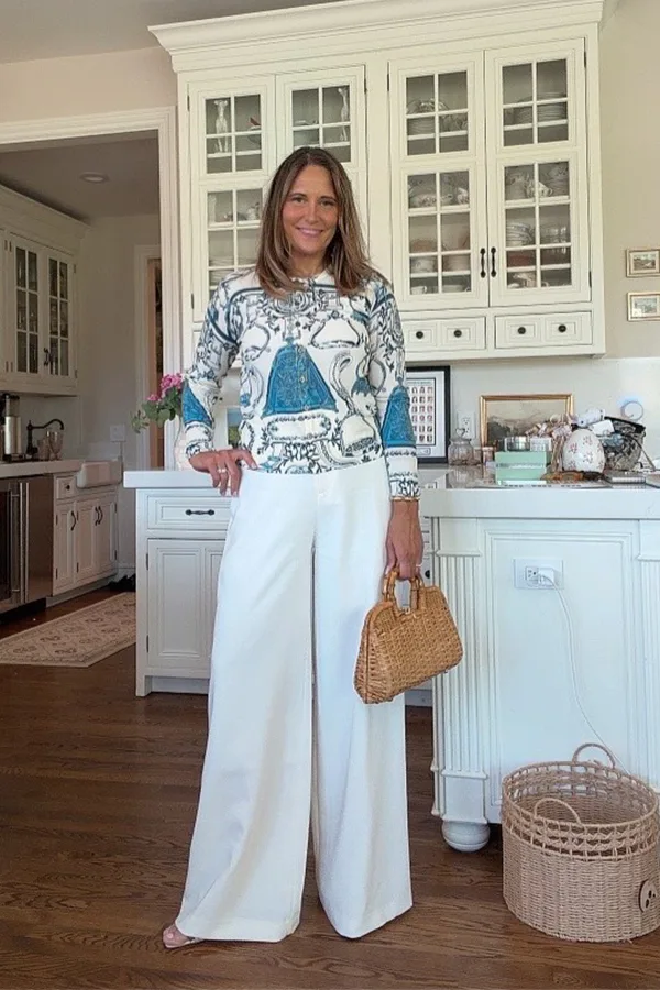 Pair A Printed Blouse With White Wide Leg Trousers