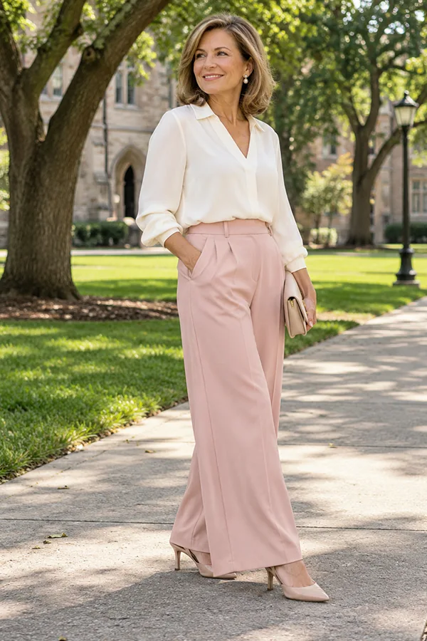 Pair A White Blouse With Blush Pink Trousers For Soft Elegance