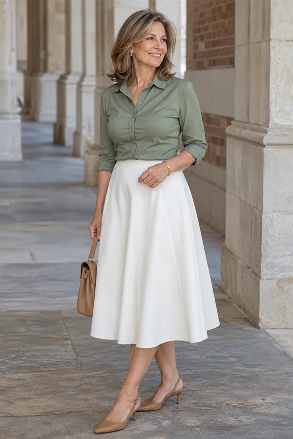 Pair An Olive Green Shirt With A White Midi Skirt