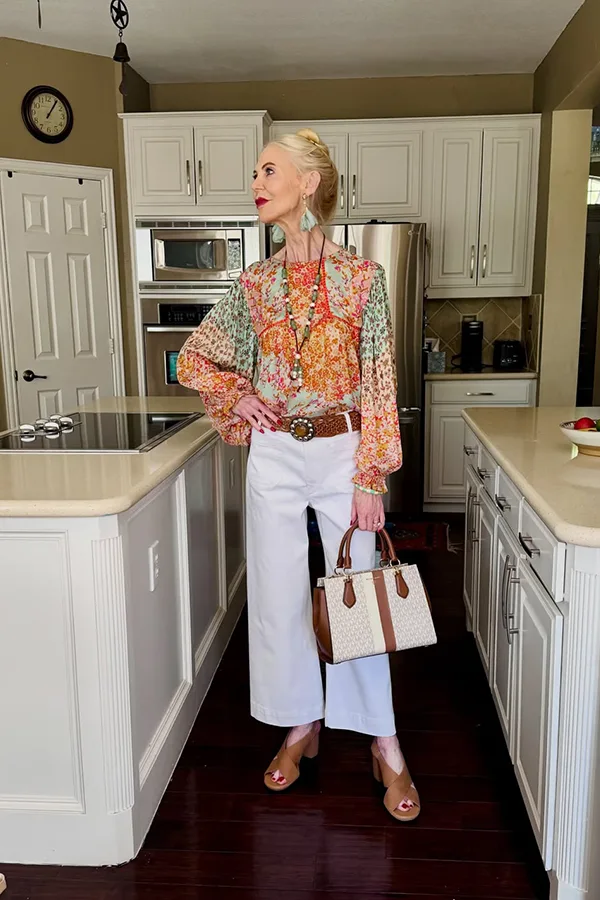 Printed Blouse With White Trousers