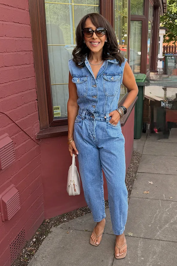 Sleeveless Denim Jumpsuit With Tan Sandals