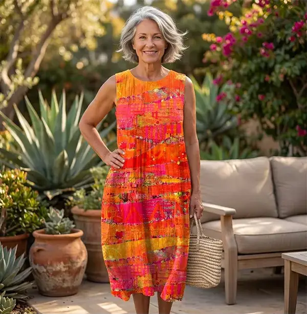 Sleeveless Orange And Pink Printed Maxi Dress