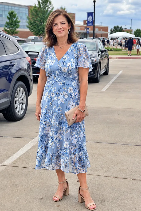 Wear A Blue Floral Midi Dress For Easy Graduation Elegance