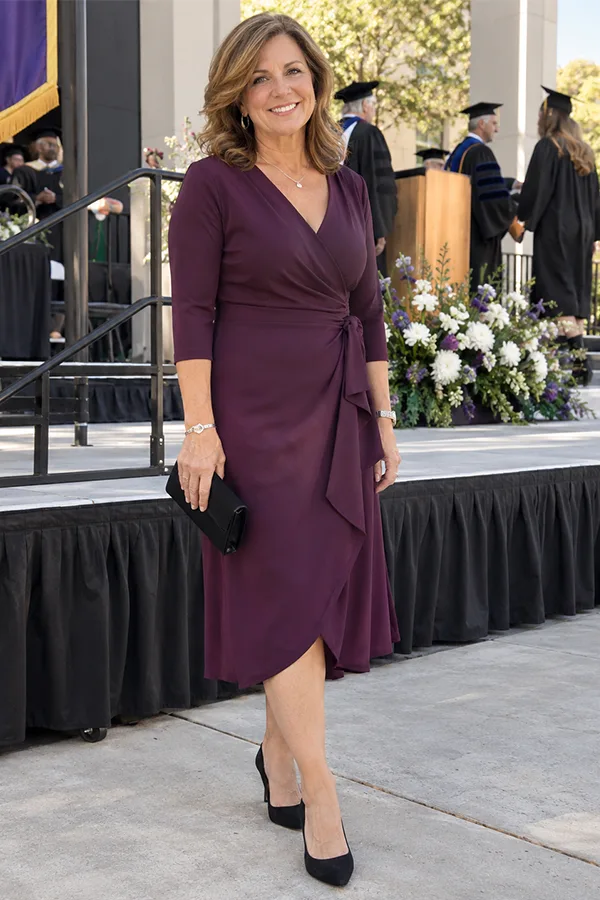 Wear A Plum Wrap Dress For A Refined Graduation Look