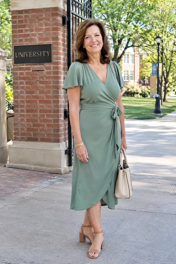 Wear A Sage Green Wrap Dress For Soft Feminine Style