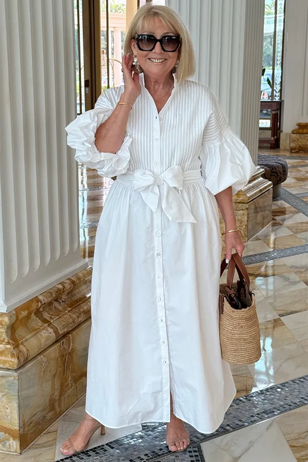 White Belted Shirt Dress With Simple Accessories