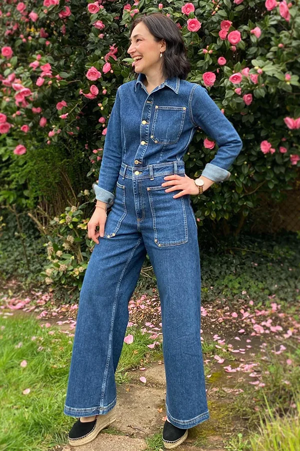 Wide Leg Denim Jumpsuit With Simple Black Shoes